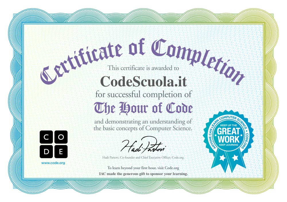 Code.org assegna un certificato a CodeScuola.it